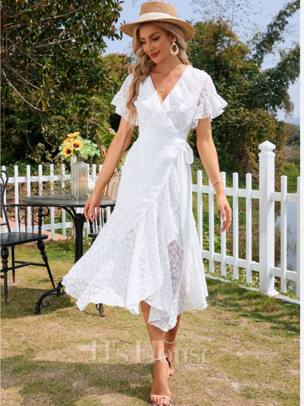 JJ House White Lace jacquard Wrap Midi Dress with Ruffle Sleeves